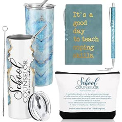 Sunnychicc 4 Stück Schulberater-Geschenke, inklusive 590 ml Edelstahlbecher, Beratungs-Make-up-Tasche, Leder-Tagebuch, Notizbuch, Dankesstifte für Frauen, Beratungswoche, Geschenk (blau)