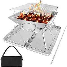 Camping Fire Pit Grill for Grill, Portable Camping Grill Stainless Steel Fire Pit for BBQ Picnic, Foldable Fire Pit Grill with Wooden Grill & Iron Box etc.