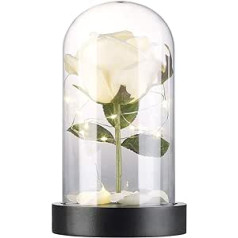 Lunartec Rose in Glass: Elegant Artificial Rose with LED Lighting in Real Glass Dome, White (LED Rose in Glass, Illuminated Rose, Battery Lights)