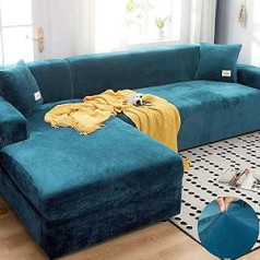 Lingky Velvet Plush Sofa Slipcover, Non-Slip Stretchy Sofa Cover, Soft, Thick Sofa Protector for L-Shaped Sectional Couch, Peacock Blue, 3-Seater, 190–230 cm