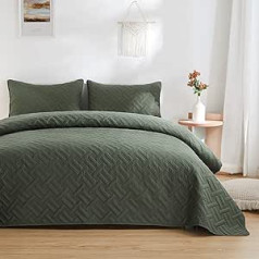 beeweed Bedspread, Bed Throw, 220 x 200 cm, Olive Green, Made of Microfibre, Quilt Throw, Lightweight, Ultrasonic Sewing, with 2 Pillowcases, Basket Weave Pattern
