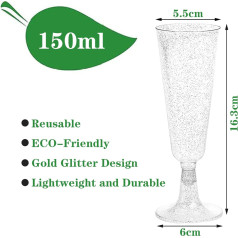 Atkārtoti lietojamas 150 ml sudraba mirdzošas šampanieša glāzes Plastmasas šampanieša glāzes piknika kāzu dzimšanas dienas svinībām (sudraba mirdzums) (50 gab.)