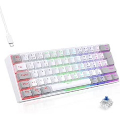 TECURS Gaming Keyboard 60 Percent - Mechanical Keyboard QWERTZ Blue Switches, Anti Gosting LED Keyboard Compact, Portable Wired Keyboard for PC/PS5/PS4, White & Grey