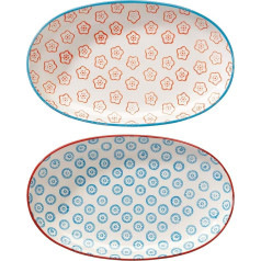 Bloomingville Emma Retro Small Serving Plates Oval Vintage L 21,5 x W 13 cm Orange Blue Ceramic Set of 2