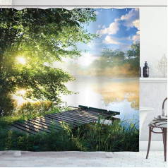 ABAKUHAUS Nature Shower Curtain, Fish Pier by the River, комплект декора для ванной комнаты из ткани с крючками, 175 x 200 см, зеленый белый синий