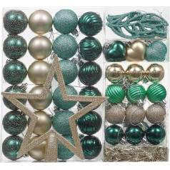 Valery Madelyn Christmas Baubles, 60-Piece Plastic Christmas Tree Baubles, Christmas Decoration with Christmas Tree Topper, Pearl Necklace and Hanger, Christmas Decoration, Rainforest Theme, Green