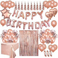 Areebz Pack of 82 Rose Gold Birthday Party Decorations, Happy Birthday Decoration Banner Latex Confetti Star Heart Foil Balloons Tassel Curtain Tablecloth for Girls Women Party Supplies