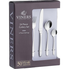 Viners Eden - Elegantes, hochglanzpoliertes Besteck, Geschenkbox mit 50 Jahren Garantie, Edelstahl, Silber, 24-teiliges Set
