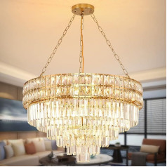 AOOCHOK Modern Crystal Pendant Light Gold Chandelier, Oval Crystal Pendant Light, Hanging Lamp for Living Room, Dining Room, Bedroom, Restaurant, E14 x 15, Diameter 75 cm