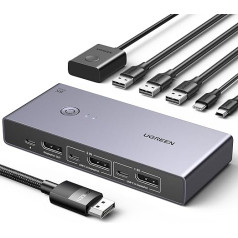 UGREEN 8K @ 60Hz Displayport KVM Switch, DP 1.4 KVM Switch, KVM Switch 2 PC 1 Monitor, 4K @ 240Hz, 4 Port USB Switch, KVM Switch USB C, 4 Port USB Switch для клавиатуры, мыши, жесткого диска, принтера и