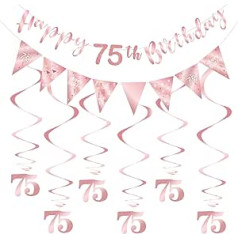 SZHUIHER 75th Birthday Decoration Kit for Women, Happy 75th Birthday Banner Bunting Swirl Streamers, Triangle Flag Banner for Birthday Party Decorations Supplies, Rose Gold 75