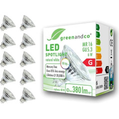 Greenandco® CRI90 + LED Spot Light, Заменяет 45 Вт, MR16 GU5.3 Галогенный прожектор, 6 Вт, 470 люмен, 3000 K, теплый белый, SMD LED прожектор 36°, 12 В, AC/DC Стекло с защитным ст