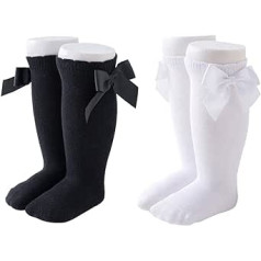 NANQUAN Maorrew 2 Pack Baby Girls Knee High Socks Bow Long Stockings Infants Toddlers Cotton Ruffled Uniform Leggings Black/White 3-5T