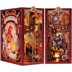 Fsolis DIY Book Nook Kit, Doll's House Miniature House Kit with LED Lights and Insertable Dust Protection Plate, 3D Puzzle Wooden Bookends, Creative Gifts for Boys and Girls (Flame Common Room)