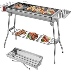Large Charcoal Grill, 106 x 33 x 72 cm, Folding Grill, Camping Grill, Picnic Grill, Stainless Steel, Grill with Non-Stick Pan, Storage Basket & Storage Plate, for 5-10 People, Complete Accessories