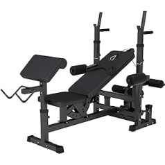 GORILLA SPORTS® Multifunktion Hantelbank - Verstellbar, mit Langhantel-Ablage, Curlpult und Butterfly, Dip-Station, Beincurler, Bankdrücken, Schwarz/Weiß - Trainingsbank, Kraftstation, Fitness Bank