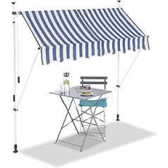 Relaxdays Clamp Awning Balcony Sun Protection Retractable Drop Arm No Drilling Adjustable Various Wide blue stripes, 200 x 120 cm, blue