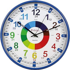 Kiddus Kid’s Wall Clock Analogue Time Teacher with Time Learning Exercises, Silent Clock, Multiple Languages, German, XL Blue