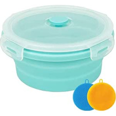 Collapsible Bowl Silicone Collapsible Container Food Storage Containers Collapsible Camping Bowl for Travel Camping Hiking with Airtight Plastic Lids and 2 Pack Silicone Dish Sponges - Blue, 800 ml