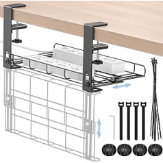 KDD Cable Management Under Desk, Cable Duct Desk, No Drilling, Retractable 13.5-20.5 cm, Clampable Cable Tray, Cable Basket, Cable Organiser with 3 Holes Cable Clips & Cable Ties for Office, black