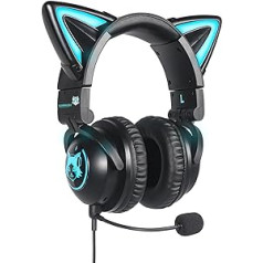 KUQIRMAOERJI Miko-J Wireless Cat Ear Headphones (12 Colour Changing) with Clip-on HD Microphone, Microphone Mute Button, 3.5 mm Jack, Gaming (Blackcolour)