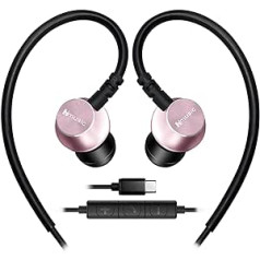 Hmusic Sports Earphones with Microphone Wired, USB Type C Metal Shell Earplugs In-Ear Headphones with Over Ear Hook Earphones for Sports, Running, Training, Exercise, Gym (Pink)