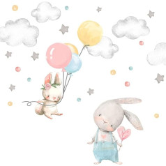 Little Deco DL602 Наклейка на стену Baby Room Rabbits & Balloon I Wall Picture 123 x 82 cm (W x H) I Stars Clouds Sticker Nursery Girls Wall Sticker Baby Girls' Room
