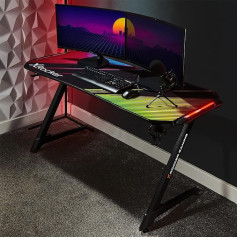 X Rocker Игровой стол Jaguar Aluminium Carbon со светодиодной подсветкой Neo Motion, кабель-менеджментом, держателем для чашек и гарнитуры, 150 x 59 x 75 см