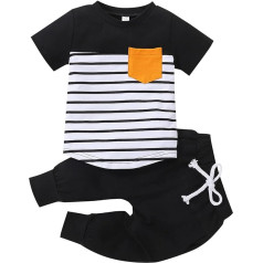 Generisch Toddler Child Newborn Baby Boys Short Sleeve Stripes Patchwork Tops Solid Trousers Outfits Set 2 Pieces 6 Months Baby Clothing Boy (Black, 6-12 Months)