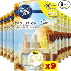 Ambi Pur 3Volution Gold und Vanilleblüten, Nachfüllpackung für Räume mit elektrischem Diffusor 20 ml, 3 verschiedene Düfte zur Beseitigung von Gerüchen, 9 Stück