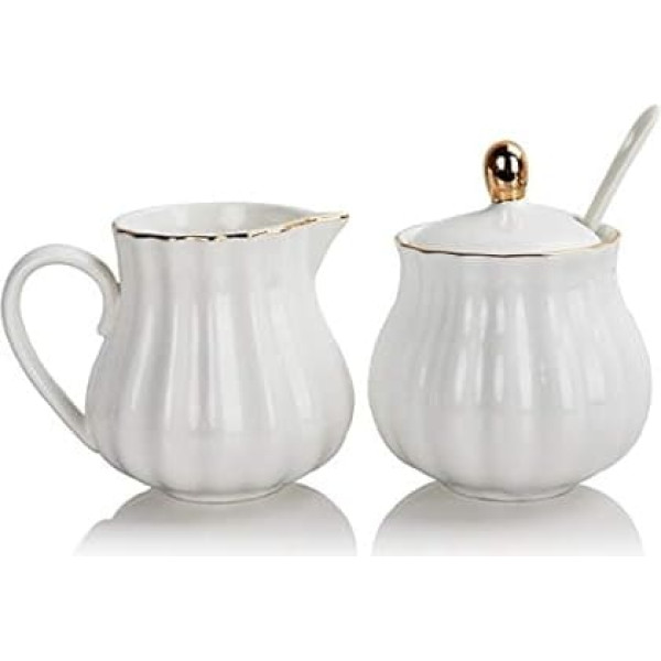 SWEEJAR Royal Ceramic Sugar and Cream Pourer Set, 3-Piece Set with Cream Jug, Sugar Bowl, Sugar Set with Lid and Spoon, Coffee Serving Set, Wedding Gift (White)
