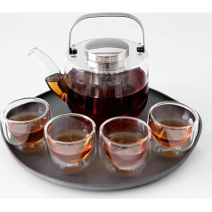 VIVA Scandinavia Teekanne mit Siebeinsatz, Glas Teekocher im Set mit 4 kleinen Tee-Tassen aus Borosilikat Glas und Serviertablett grau, Geschirrspüler-geeignet, Tropffrei, 0,75 Liter