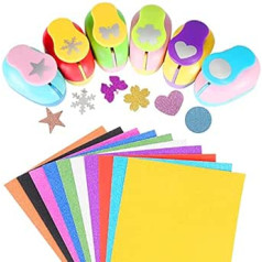 Geebuzz 6 Pieces Colorful Craft Hole Punch with 10 Glitter Card Paper, Decorative Scrapbook Paper Punch Set, Assorted Shapes, Paper Hole Punch Set for Office Supplies (6 Pieces)