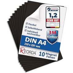 Reorda® Magnetic Film DIN A4 Self-Adhesive Set of 10 – Magnetic Paper with Strong 3M Adhesive – Magnetic Plate Can Be Cut to Size for Fridge, Boards & Posters – Magnetic Film Self-Adhesive for Crafts