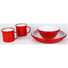 Lost & Found Cornwall 6 Piece Premium Enamel Dining Set 2 x Bowls Deep Plates Cups for Outdoor Camping Hiking Vanlife (Backcountry Hut Red)