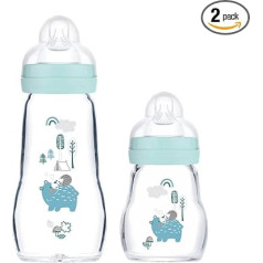 MAM Baby Glass Bottles Pack of 2 Feel Good from Birth 170 ml & 260 ml, стеклянная бутылочка для кормления, голубая
