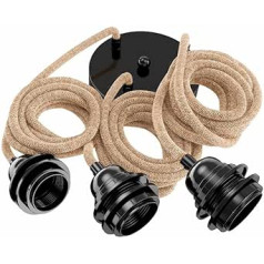 Hoopzi - Pendant Light 3 Flamming - 2.5 m Textile Cable Rope and Black - 3 x E27 Socket - Vintage, Industrial for Dining Table, Living Room, Dining Room, Bedroom, Kitchen