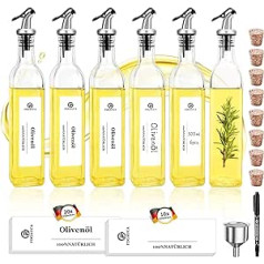 MRVNN Oil Bottle with Pourer 500 ml, 6 Vinegar and Oil Bottles Set Borosilicate Glass Material, Olive Oil Dispenser, Oil and Vinegar Dispenser with 30 Oversized White Labels, Stainless Steel Funnel,