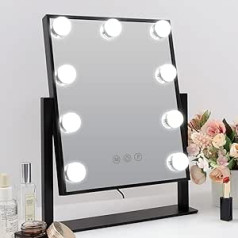 Hansong Illuminated Makeup Mirror Black Cosmetic Mirror with Lighting Hollywood Mirror with 9 LED Lights and 10x Magnification Black Makeup Mirror with Lighting 360 Degree Rotation
