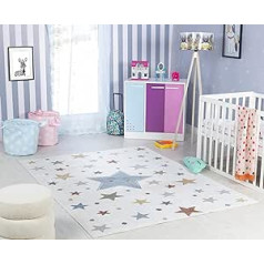 Surya Stars Children's Rug - Cartoon Rug Children's Room or Baby Room Rug Crawling Rug or Play Mat - Baby Rug for Boys & Girls Cream and Blue 80 x 150 cm