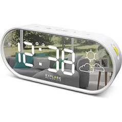 Explore Scientific RDC2002W Mirror Display, Time and Indoor Temperature, Symbol Weather Forecast, Dual Alarm Clock, 3 Brightness Levels, Soft Touch Control, USB Port, White