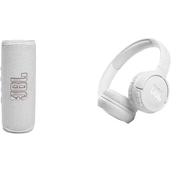 JBL Flip 6 Bluetooth Box in White, Waterproof Portable Speaker with 2-Way Speaker System and Tune 510BT, Bluetooth Over-Ear Headphones in White, Foldable Headphones with Hands-Free Function