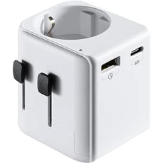 Ewent Universal Travel Adapter, Universal Schuko Travel Adapter with 1 USB Type C Charger Port and 1 USB Port, Travel Adapter Worldwide by Schuko to World Socket from Europe for over 150 Countries