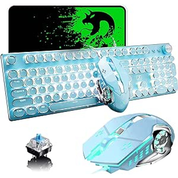 Wired USB Keyboard Mechanical Blue Switch Retro Steampunk Vintage Typewriter Style White LED Backlit 104 Keys Anti-Ghosting + 2400DPI 6 Keys Gaming Mouse