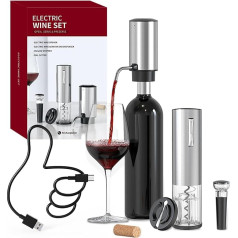 CIRCLE JOY Electric Wine Opener Set 4-in-1 Wine Set with Rechargeable Corkscrew, Rechargeable Wine Aerator, Foil Cutter and Vacuum Wine Stopper, Gift Set for Wine Lovers, Silver