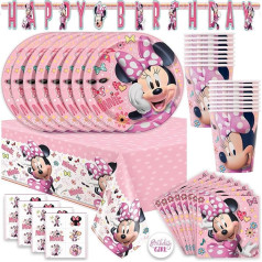 Minnie Mouse Birthday Party Supplies | Minnie Mouse Party Decorations | Minnie Mouse Party Supplies, сервировка на 16 гостей с баннером, скатертью, тарелками, салфетками, наклейками