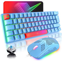 Игровая клавиатура (красно-синяя) UK Layout Mechanical Gaming Keyboard RGB 14 эффектов подсветки Мини 62 клавиши Кабель Type C + легкая мышь RGB 6400DPI Honeycomb + совместим