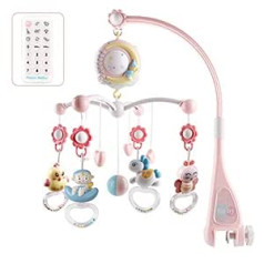 Mobile for Cradle with Music Remote Control Projector Stars Rattle 360° Rotatable Mobile Lounger Multifunction (Pink)