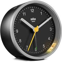 Braun BC12SB Classic Analogue Alarm Clock with Snooze Function and Light, Quiet Quartz Crescendo Alarm, Black and Silver