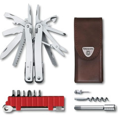 VICTORINOX Swiss Tool Spirit X Plus Трещотка, 36 функций, мультиинструмент швейцарского производства с фиксирующимся лезвием, кожаный чехол, серебристый